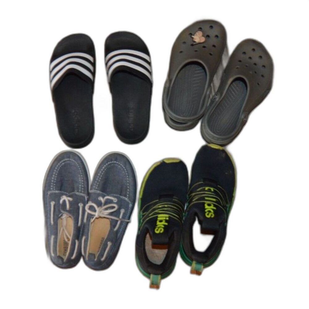 Boys Lot of 4 Size 2 Shoes Slides Crocs Sneakers Boat Shoes Adidas